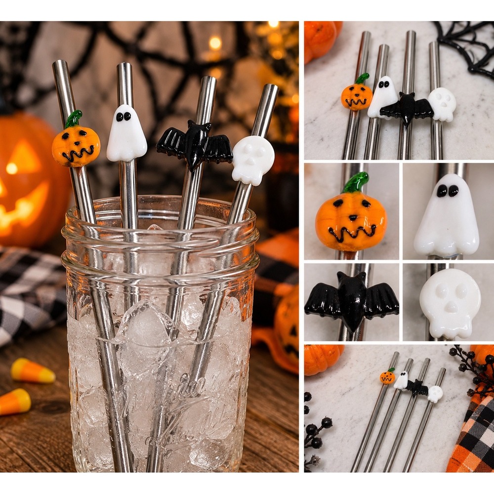Halloween Stainless Steel Reusable Straw Set 4pc Pumpkin Ghost Skull Bat Charms
